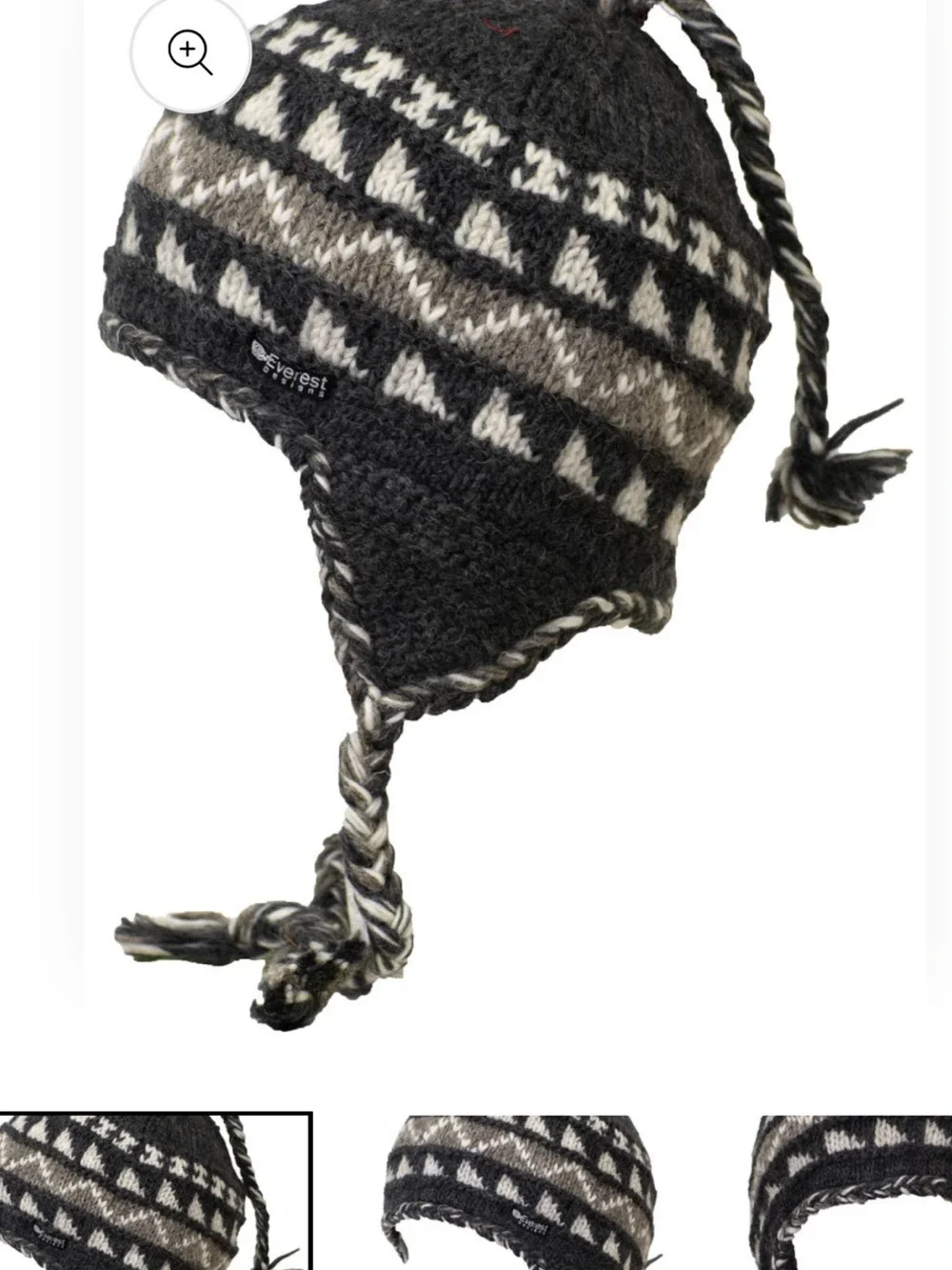 Everest Designs Nepal Wool Earflap Hat Adult Black Gray Braided Tassel Pom - Picture 2 of 11